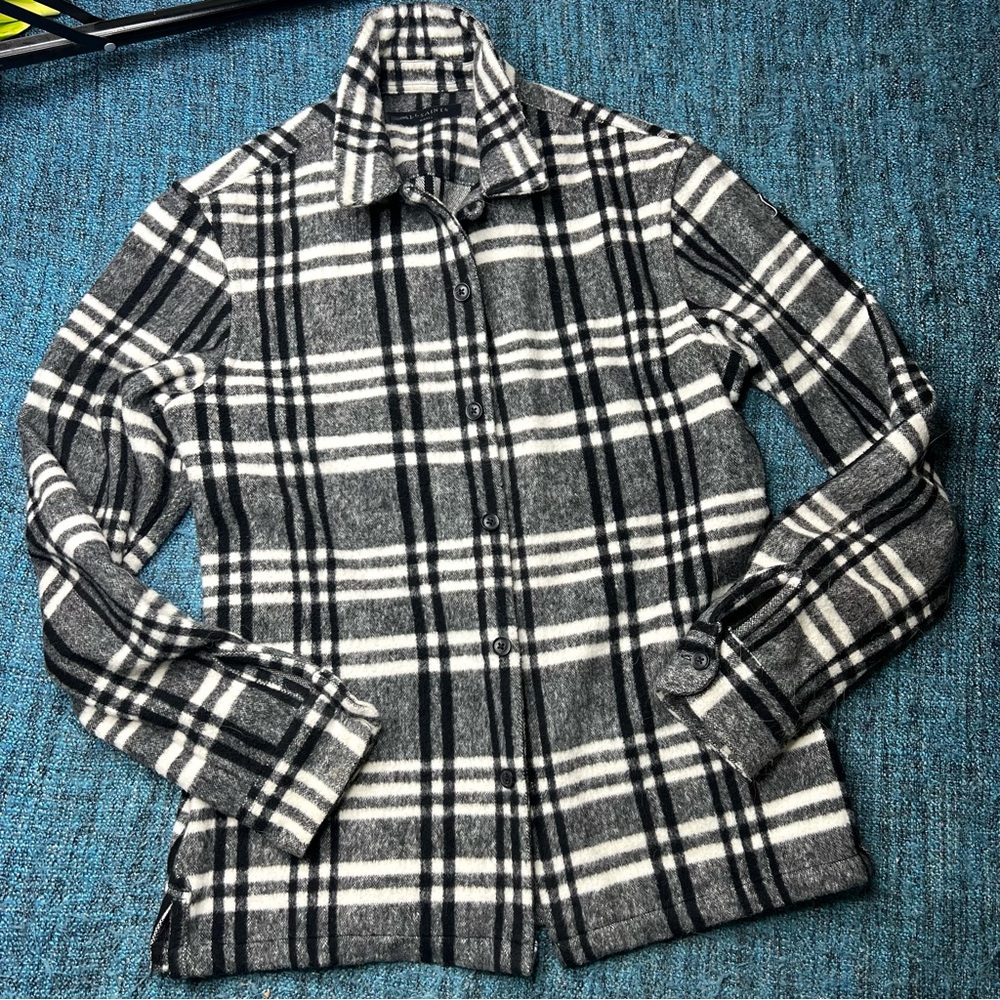 All Saints Men's Zenith Plaid Flannel Shirt Wool Blend Black Grey White